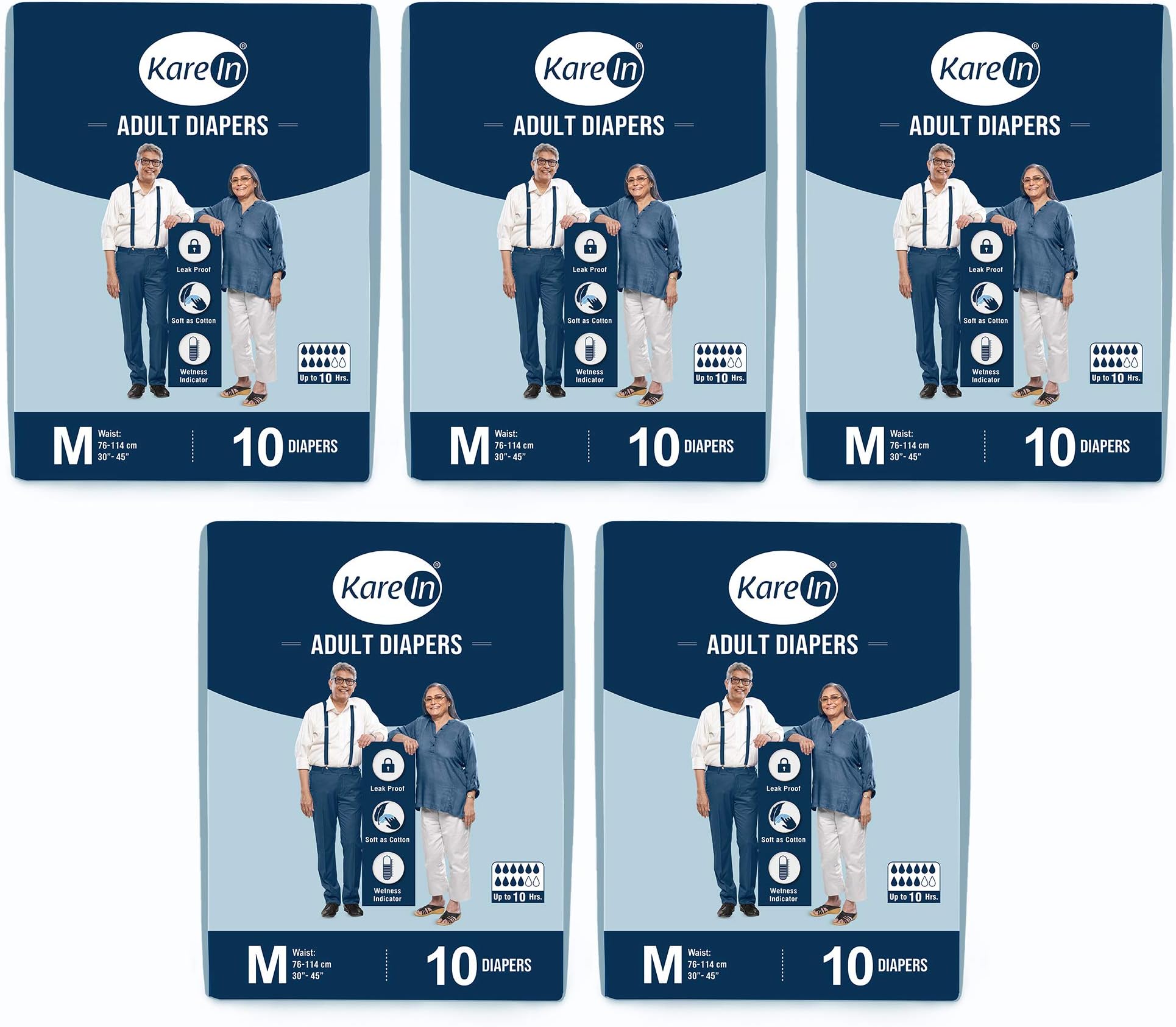 Kare In Adult Diapers Medium 10 Count, Waist Size 76-114cm (30"-45")-Pack of 5 (50 Counts)