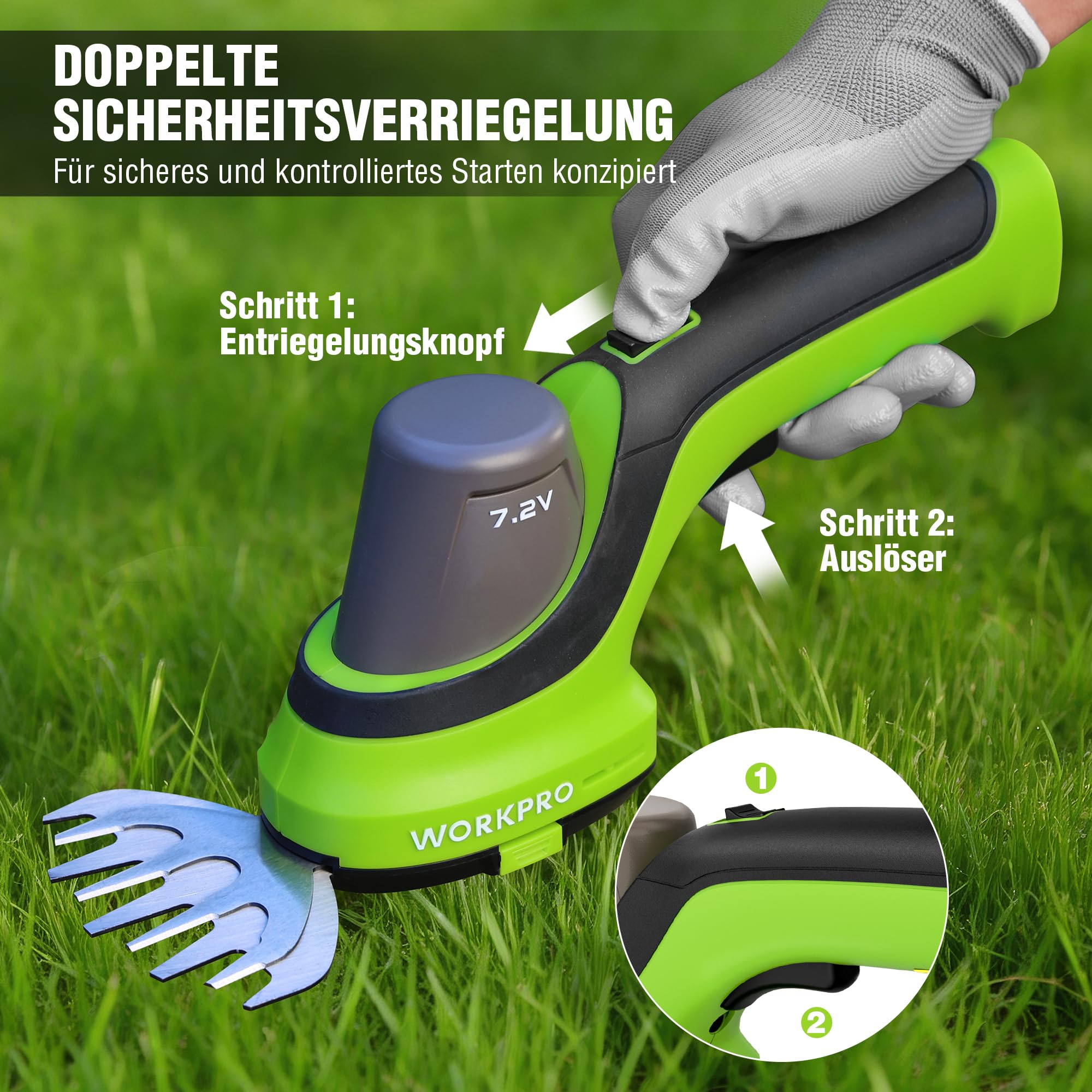 WORKPRO Gartenschere Akku 7,2V, 2 in 1 Gras- & Strauchschere mit 2 Messern | Schnittbreite 100 mm, Schnittlänge 150 mm, 2000mAh Akku & Ladekabel, Heckenschere für Rasenkanten, Strauchschnitt