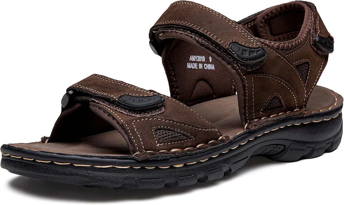 Sandalias de hombre Jousen de piel con soporte para el arco de pescador | Ligero,Cuero genuino,Antideslizante,Correas ajustables de gancho y bucle,Verano,Playa,Informal,Senderismo