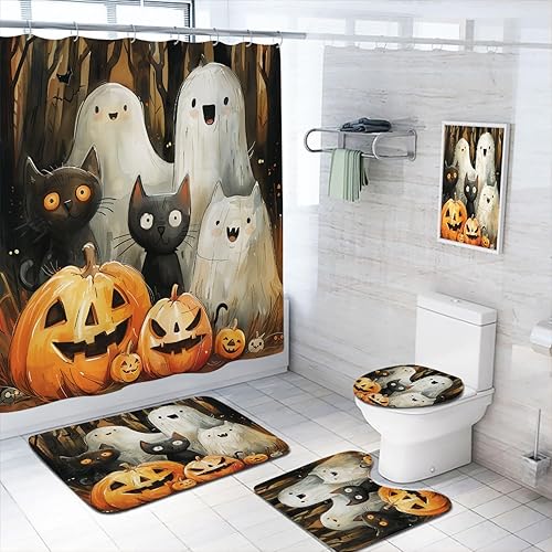 Miniatura 9 de Juego de 4 cortinas de ducha de baño de Halloween con alfombras, cubierta de tapa de inodoro, tapete de baño, castillo de calabaza, caricatura,