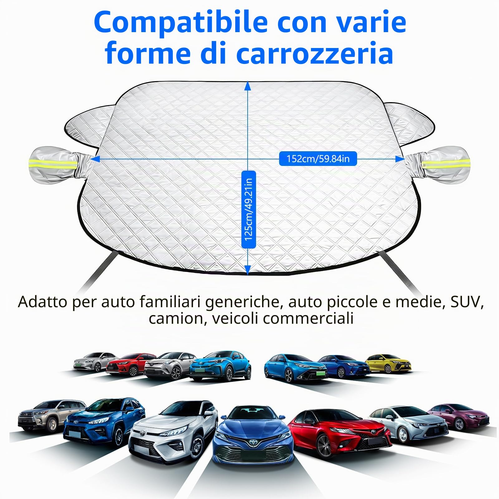 Copri Parabrezza Auto Inverno, 9 Magnete, Copriparabrezza Inverno Esterno per Maggior Parte dei Veicoli, Resistente alla neve, al ghiaccio, al gelo, alla polvere e ai raggi UV, 152 x 125cm