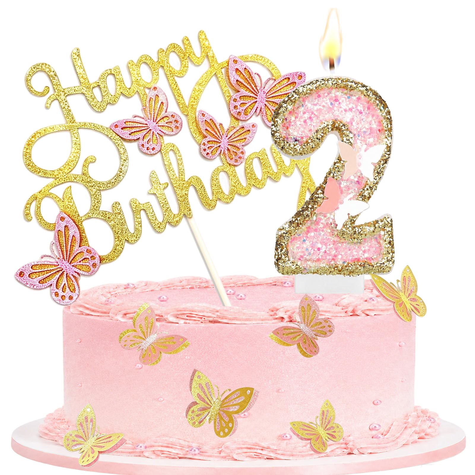 Birthday Candle with Pink Gold Butterfly Cake Topper for Party, Number 2