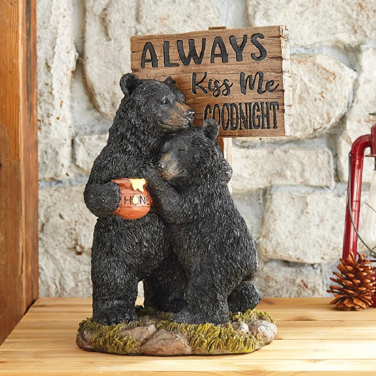 BLACK FOREST DECOR Kiss Me Goodnight Bear Sculpture – Adorable Resin Bear Couple Statue with Detailed Hand-Painted Finish, Rustic Lodge Cabin Décor, 14”L x 10”W x 19.5”H