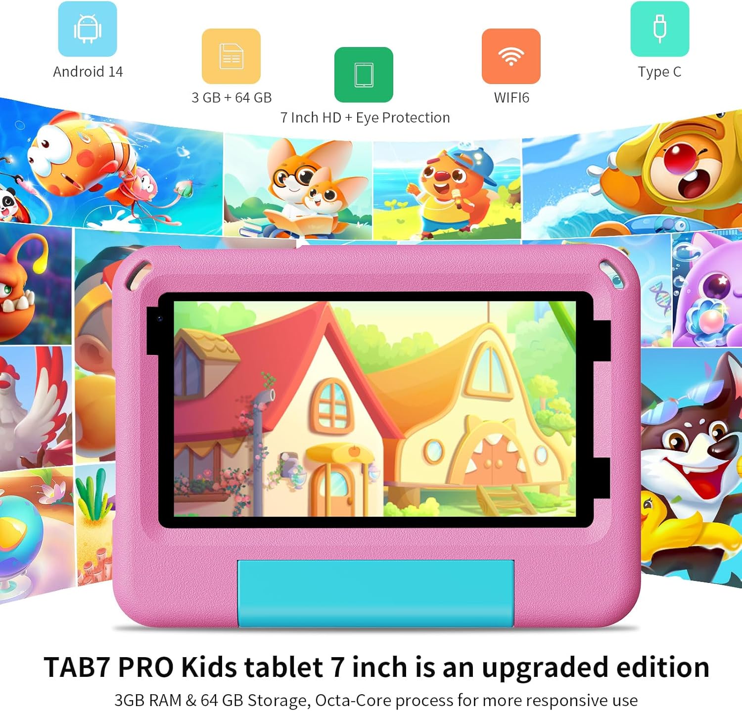 PRITOM TAB7 PRO Kids Tablets 7 inch, 64 GB, 3 GB RAM Upgraded, Toddler Tablet Android 14 with WiFi, Dual Camera, Education, Games, Kids Software Pre-Installed, Parental Control, Pink