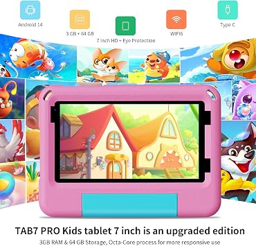PRITOM TAB7 PRO Kids Tablets 7 inch, 64 GB, 3 GB RAM Upgraded, Toddler Tablet Android 14 with WiFi, Dual Camera, Education, Games, Kids Software Pre-Installed, Parental Control, Pink
