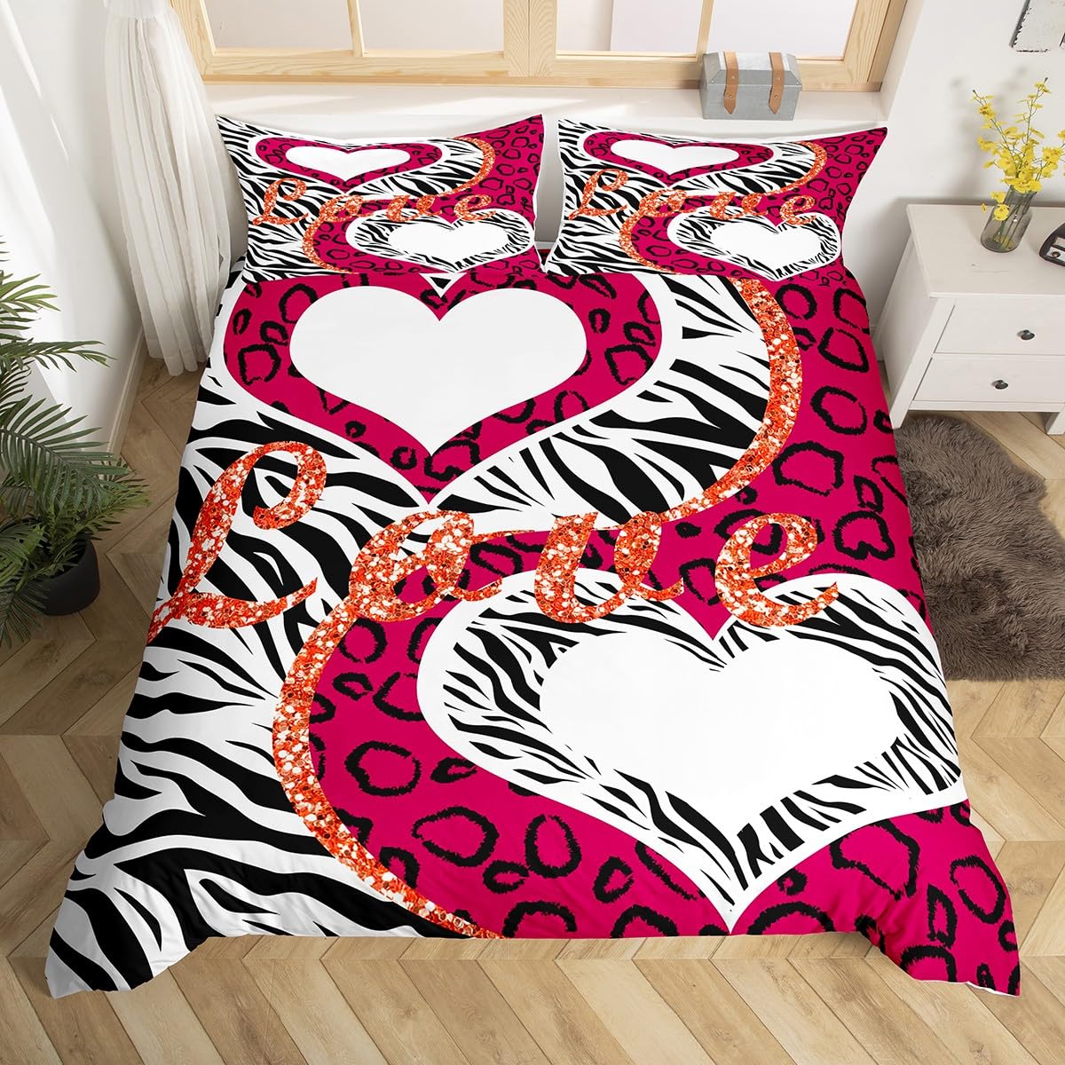 Manfei Leopard Zebra Kids Duvet Cover Set King Size, Abstract Hearts Print Bedding Set for Boys Girls, Fuchsia Black White Comforter Cover, Lightweight Bedspread Cover, 2 Pillowcases, No Comforter