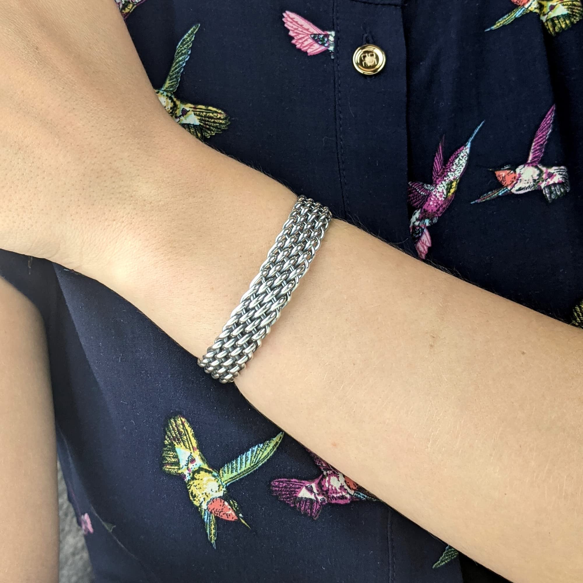 Silverly Bracciale Rigido Regolabile con Maglie a Catena in Argento Sterling 925 per Donna | Design a Intreccio di Canestro | Bracciale Largo in Argento Massiccio Stile Maglia Metallica per Uomo