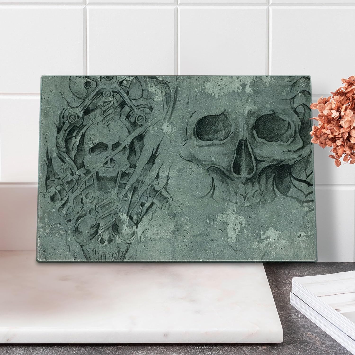 Lunarable Tattoo Cutting Board, Scary Dead Skull Skeleton Demon Gothic Elements with Tribals Design Print, Decorative Tempered Glass Cutting and Serving Board, Small Size, Grey Beige