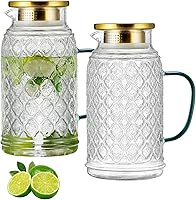 Buaic 2-Pack 68oz Borosilicate Glass Pitchers with Lids - Heat-Resistant Vintage Water Carafe for Iced Tea, Coffee, Juice, Cold Brew