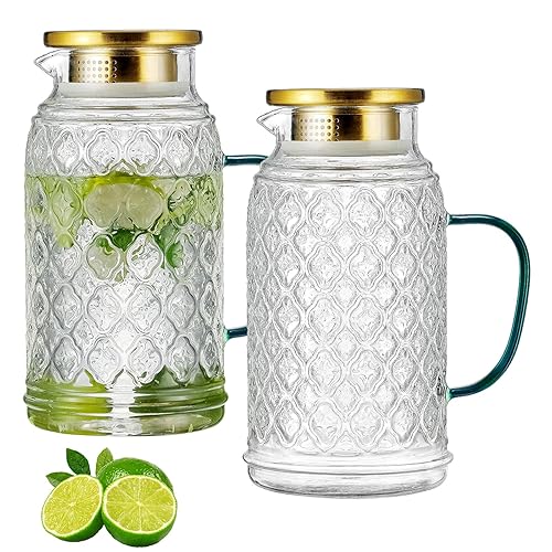 Glass Pitcher with Lid, 2 PACK 68 oz/2 Liter Vintage