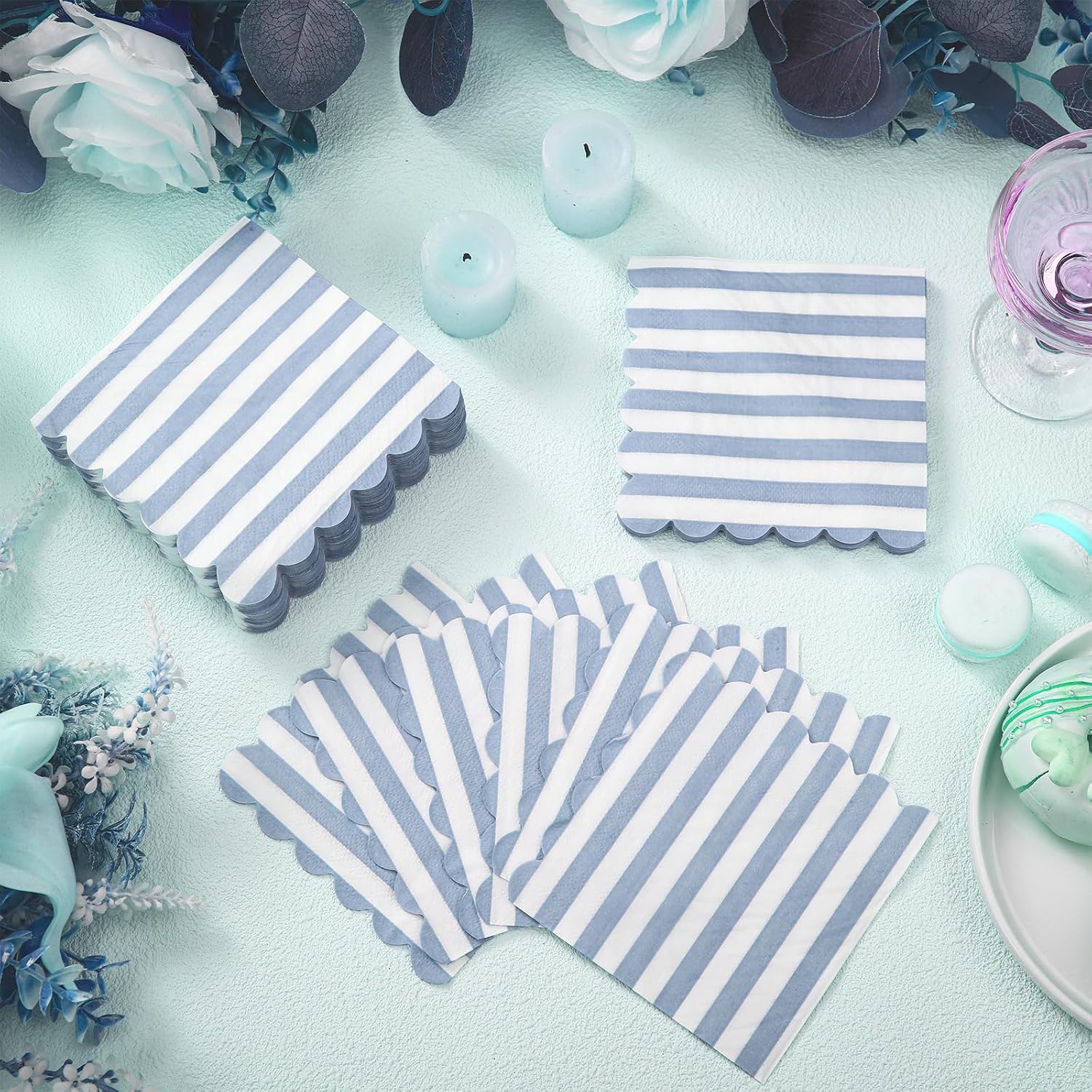 Epakh Blue White 100 Pcs Striped Napkin Disposable Cocktail Paper Napkin
