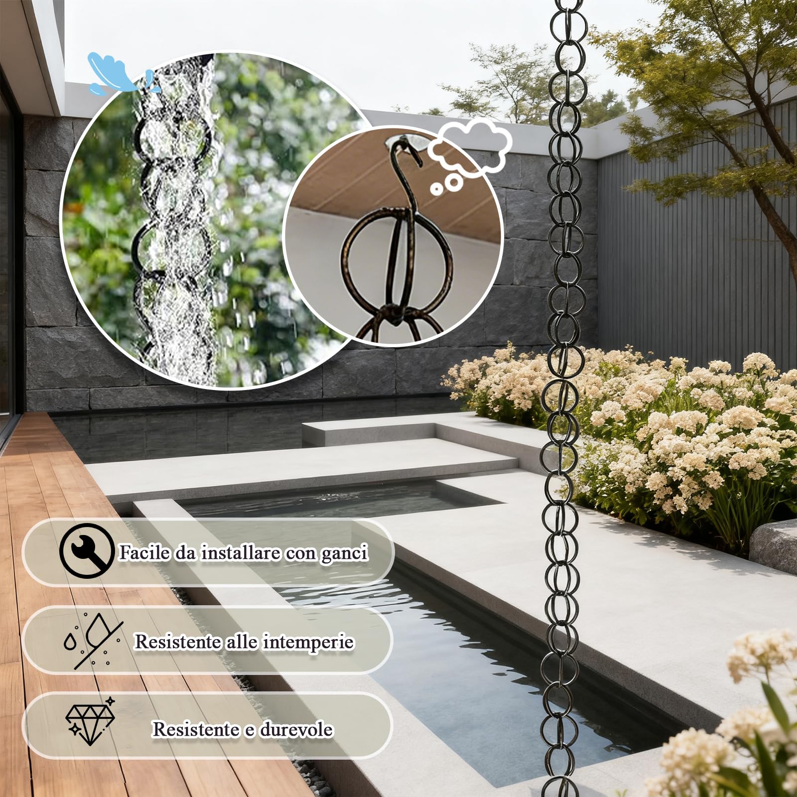 Catena per la Pioggia in Alluminio con Gancio Incluso - per Lo Scarico dell‘Acqua dai Tetti e Grondaie - Facile da Installare- Giardini, Terrazzi 2.2m(7.2ft) Nero-A