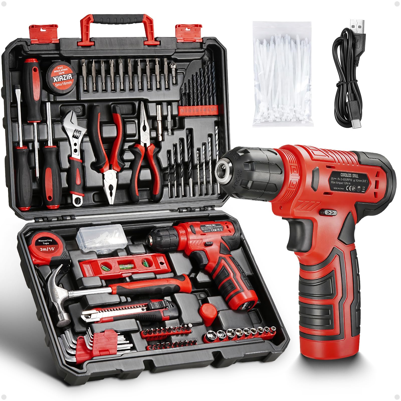 Juego de herramientas de 233 piezas con taladro atornillador a batería, caja de herramientas completa para bricolaje en casa con destornilladores, alicates, martillo, brocas y accesorios (Rojo)