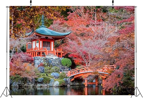 Miniatura 4 de BELECO Telón de fondo japonés de tela de 7 x 5 pies, templo japonés Daigo-ji, vista de la ciudad de Kioto, otoño, árboles de arce rojo, paisaje,