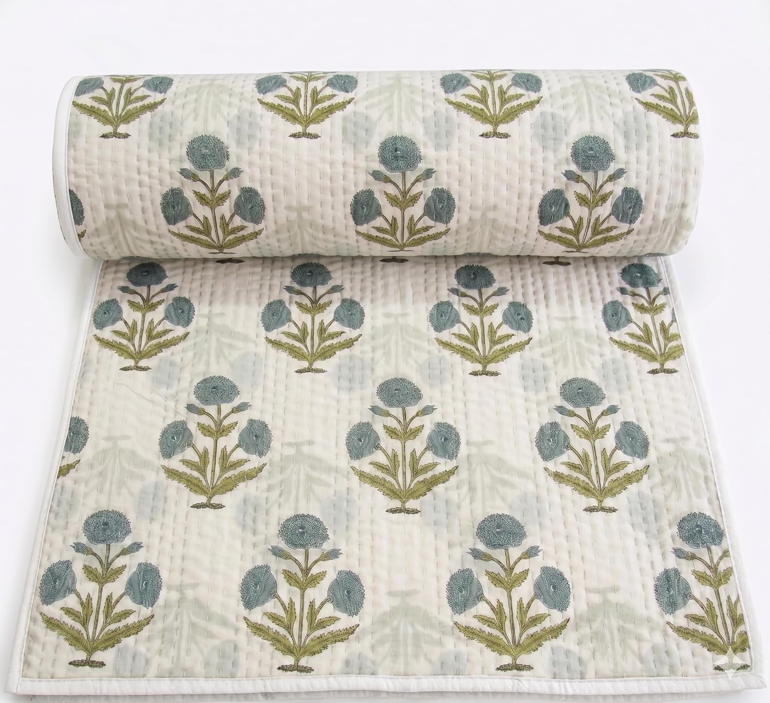 Hand Block Printed Blue Green Floral Baby Quilt 40x60 Inches, Cotton Kantha Throw with Solid Back, Mughal Buta Soft Toddler Blanket, Handmade Indian Crib Bedding, Single Sided Light Comforter