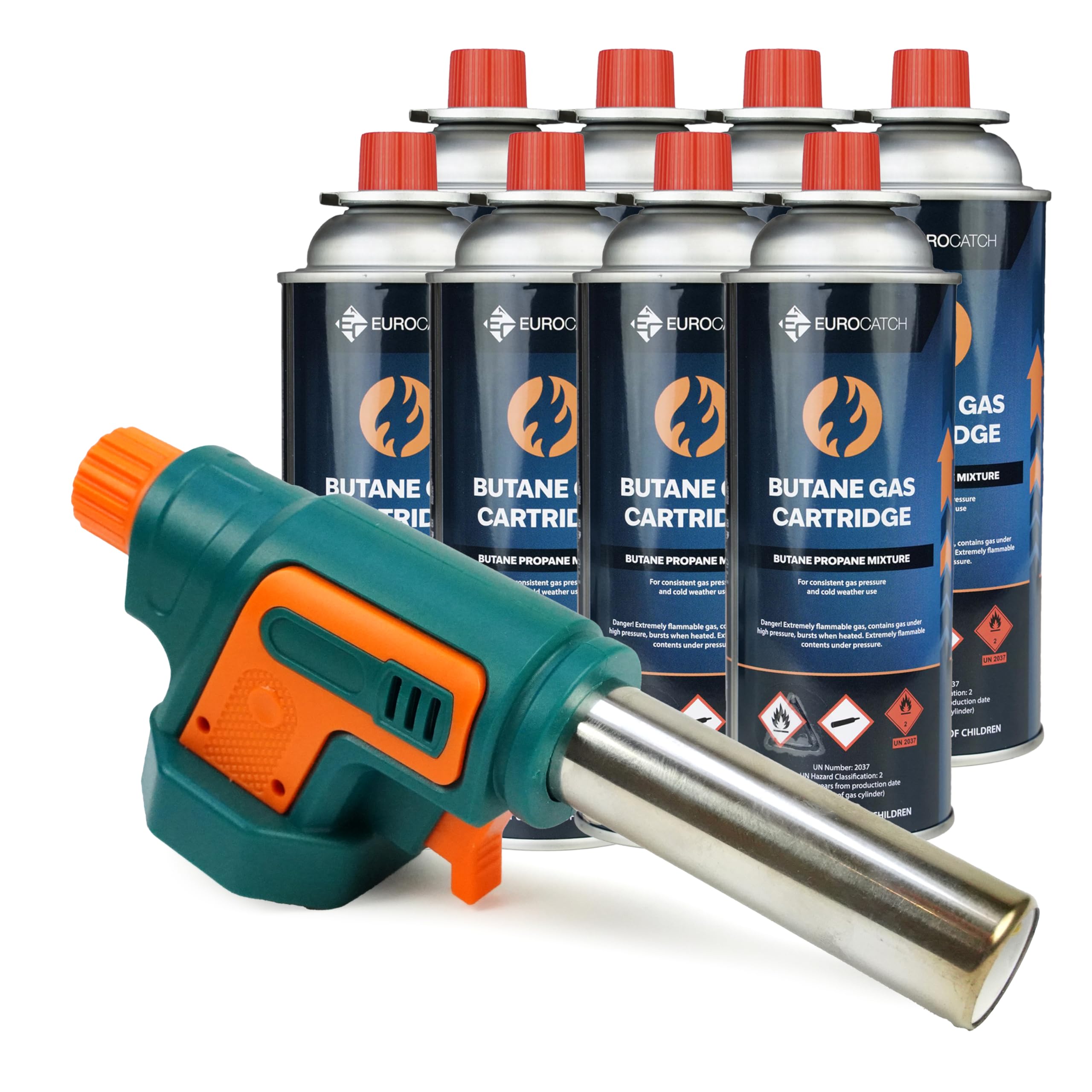 Chalumeau a Gaz 1300°C - Allumage Electrique - Puissance Reglable - Set avec 8x Cartouche Butane 227g
