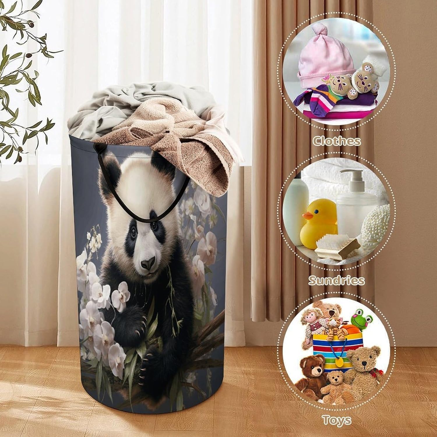Panda with Flower Laundry Hamper Large Collapsible Laundry Basket with Handles Waterproof Clothes Hamper Portable Dirty Clothes Basket for Bedroom Laundry Room Closet Bathroom