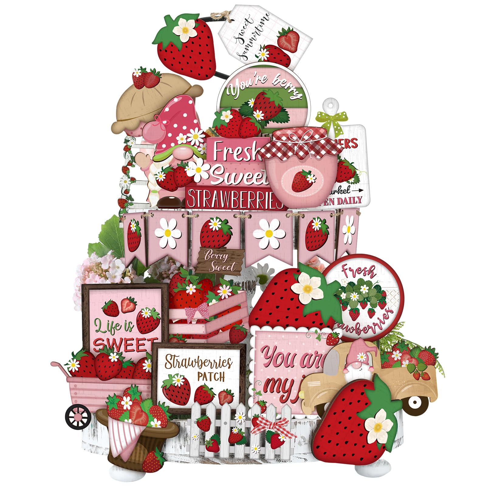 26 Pcs Summer Tiered Tray Decor Sets Farmhouse Summer Gnome Watermelon Strawberry Wood Sign Spring Hawaii Tiered Tray Decorations for Tabletop Home Shelf Kitchen Office(Strawberry)