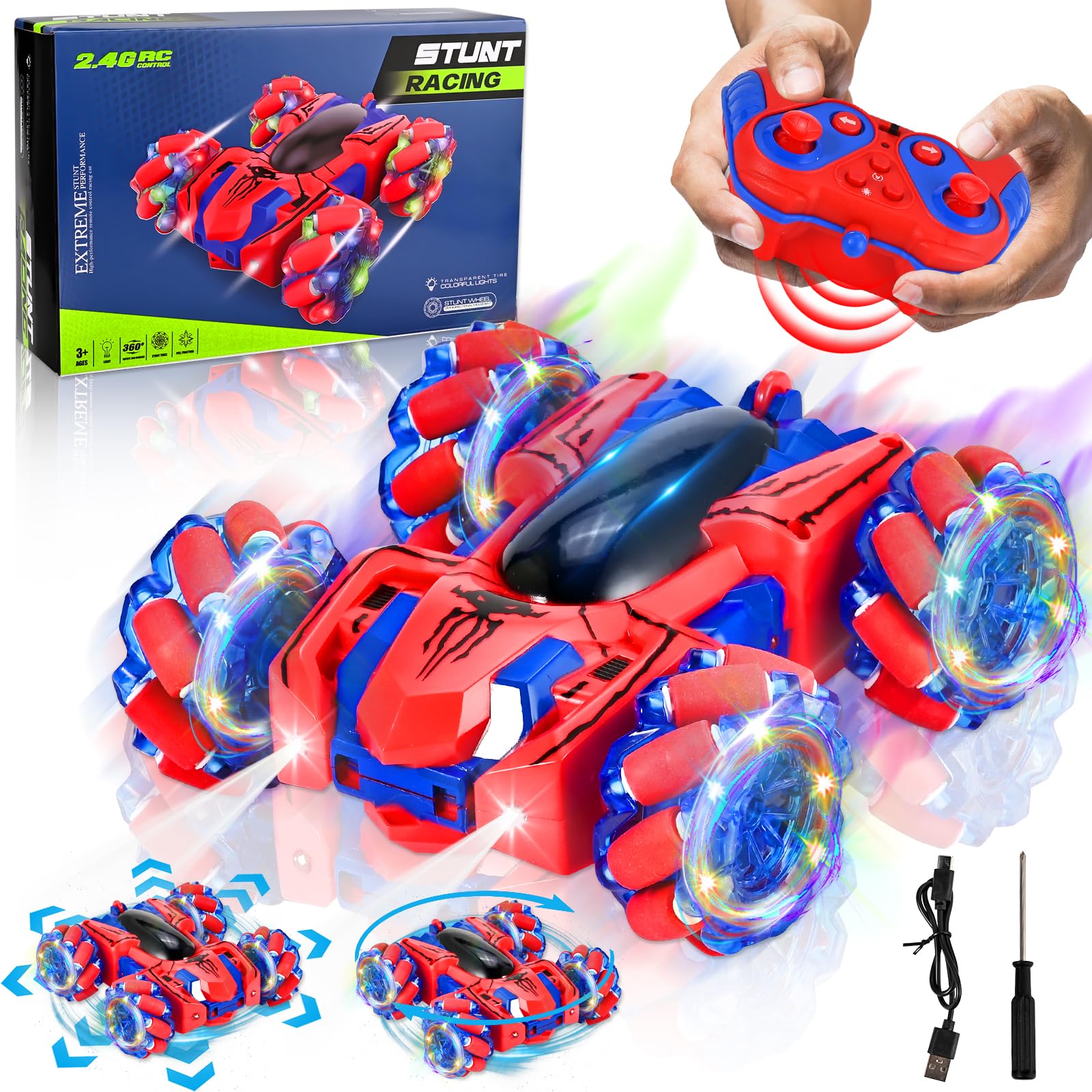 GOLDGE Remote Controlled Car, 2.4 GHz 360 Spin RC Car 4WD Remote Controlled Cars with Cool LED, RC Car Toy from 6-12 Years Boys Girls, Remote Controlled Car from 6-12 Years for Indoor Outdoor Use