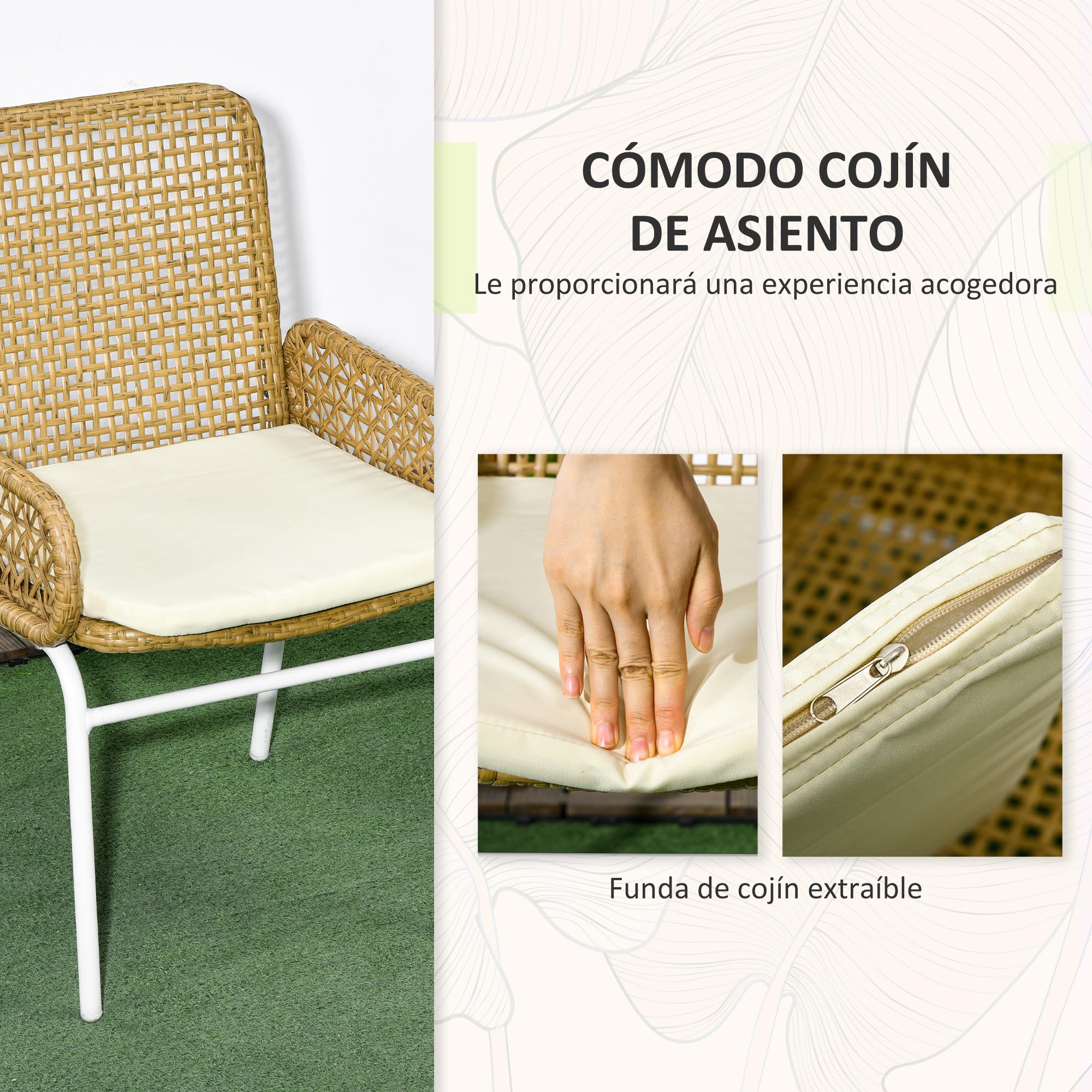 Outsunny Conjunto de Muebles de Jardín Juego de 3 Piezas Ratán Natural | Sillas y Mesa, 2 Sillas, 1 Mesa de Centro, Cojines, para Terraza Patio