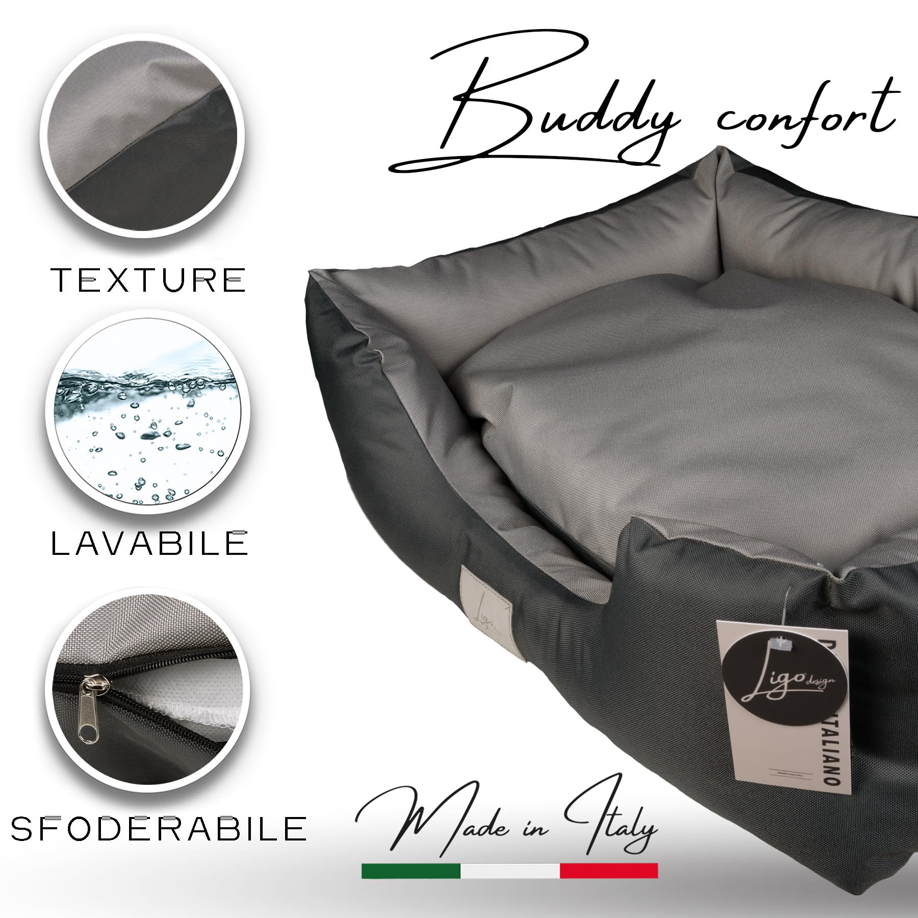 Ligo Buddy Confort - Cuccia per cani Lettino per cani idrorepellente antigraffio in Nylon,realizzata in Italia.Cuscino per Cane, uso interno/esterno. XS/S: 50 X 60 cm, ANTRACITE/GRIGIO