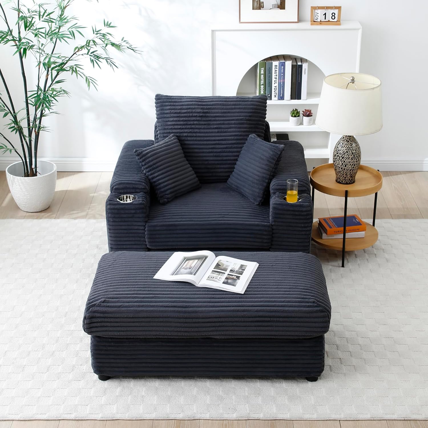 43.3'' Oversized Chaise Longue Chair Corduroy Single Sofa Couch with Ottoman Upholstered Armchair Comfy Reading Chairs Accent Chair for Small Spaces Living Room Bedroom Dark Grey