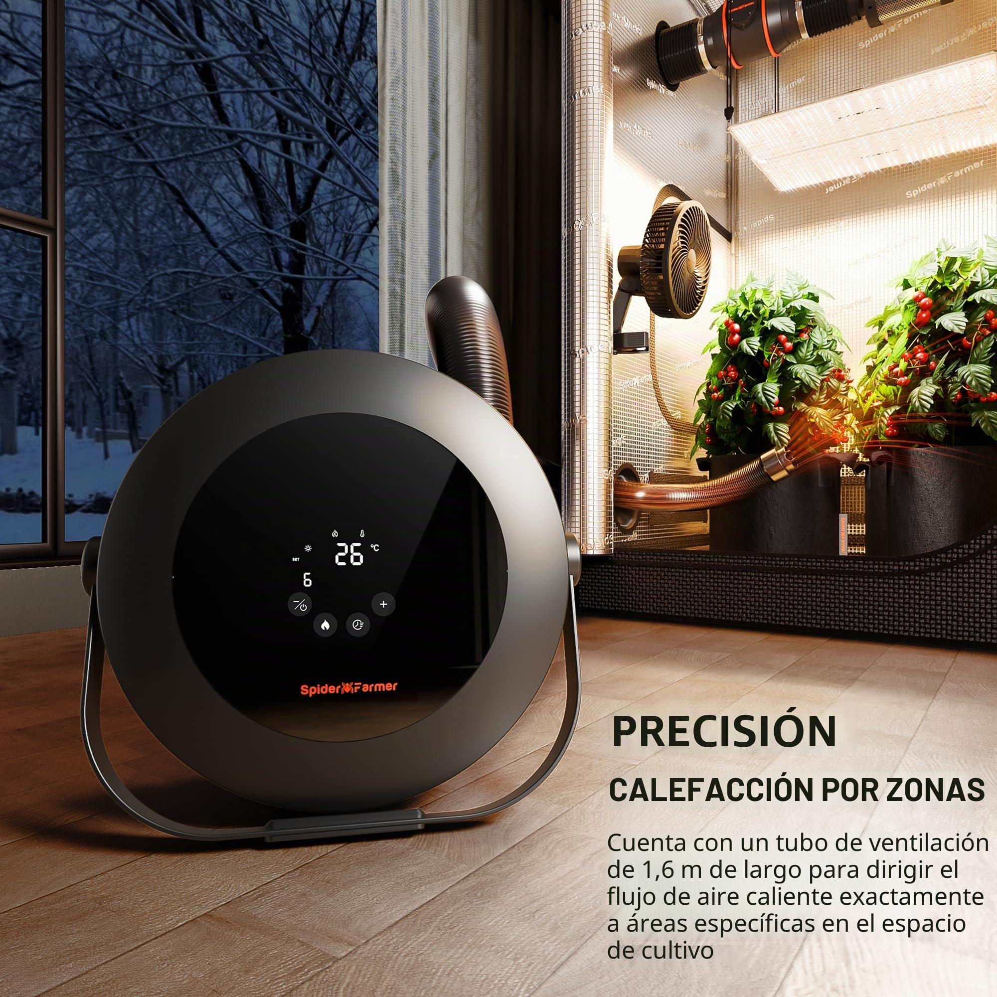Spider Farmer Calefactor de 540 W, regulación inteligente de la temperatura, ahorro de energía, silencioso, 4 modos y temporizador de 24 horas, calefacción de 10 PTC y tubo de ventilación, adecuado