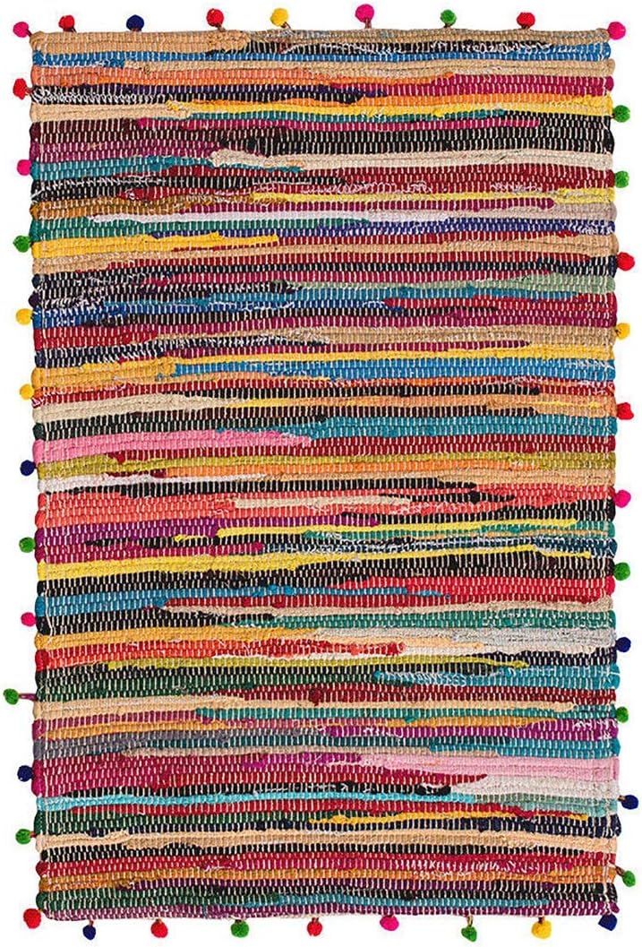 Rectangle Pom Pom Recycled Rag Rug dimensions of 90cm x 60cm.