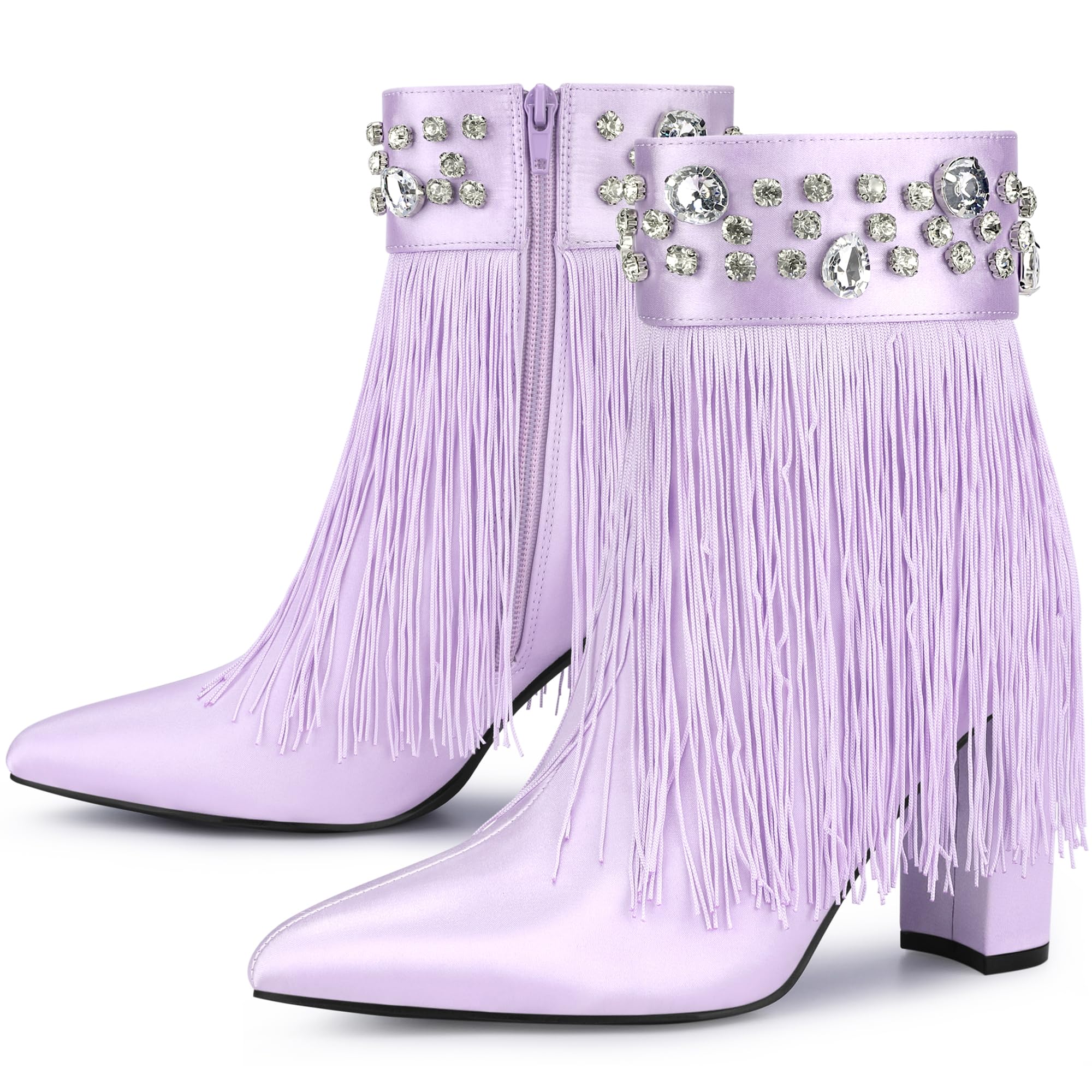 Perphy Pointed Toe Fringe Rhinestone Chunky Heel Ankle Boots for Women