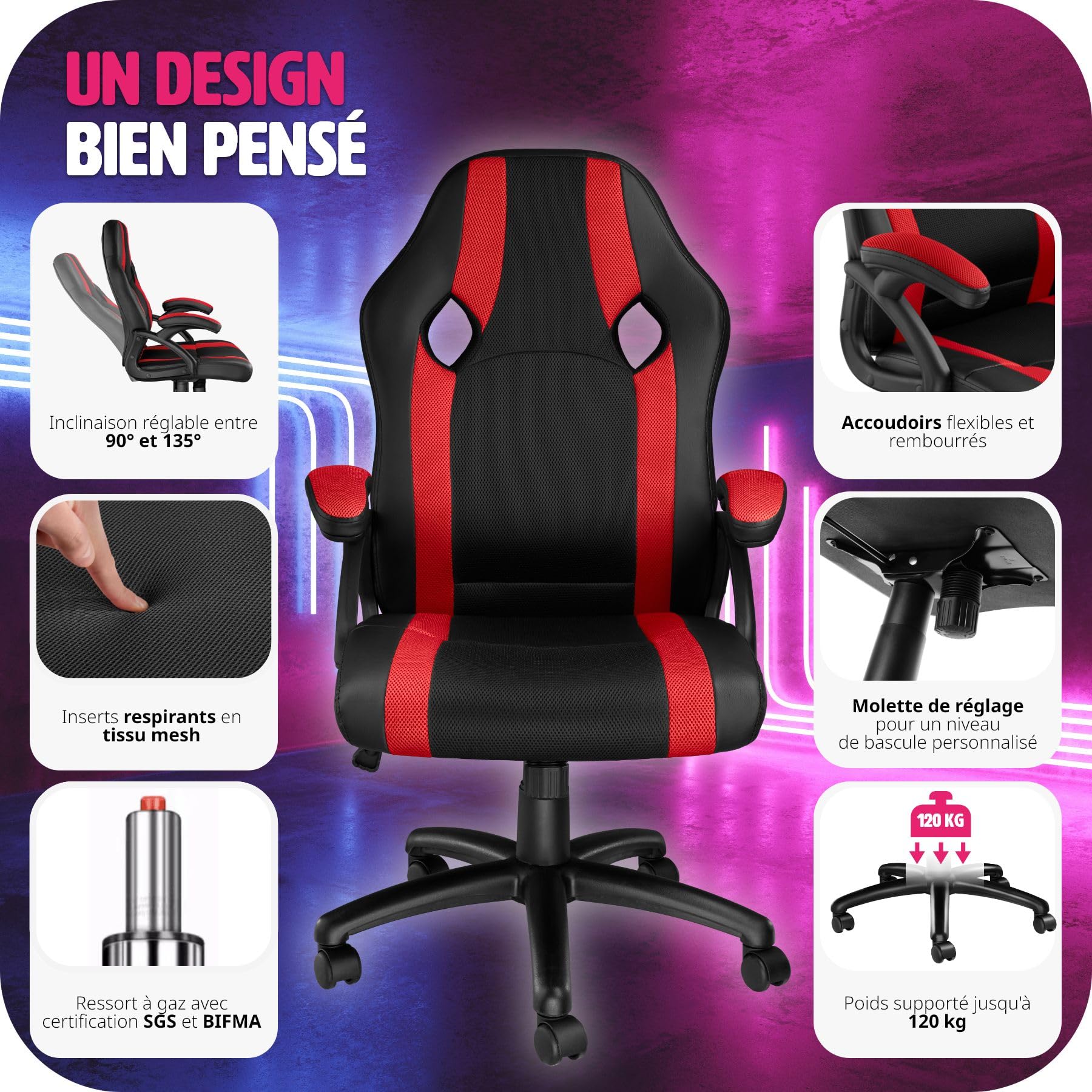tectake Chaise de Bureau Fauteuil siège Racing Sport Tissu - diverses Couleurs au Choix - (Noir-Rouge | No. 403490)