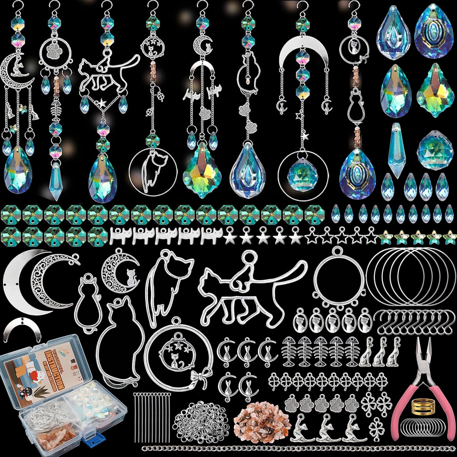DIY Suncatchers, 450 pcs Sun Catchers Making Supplies Kit Art and Crafts for Adults Prism Hanging Decorative Suncatcher with Crystals Rainbow Maker for Indoor Windows Office Home Decor (Cat)