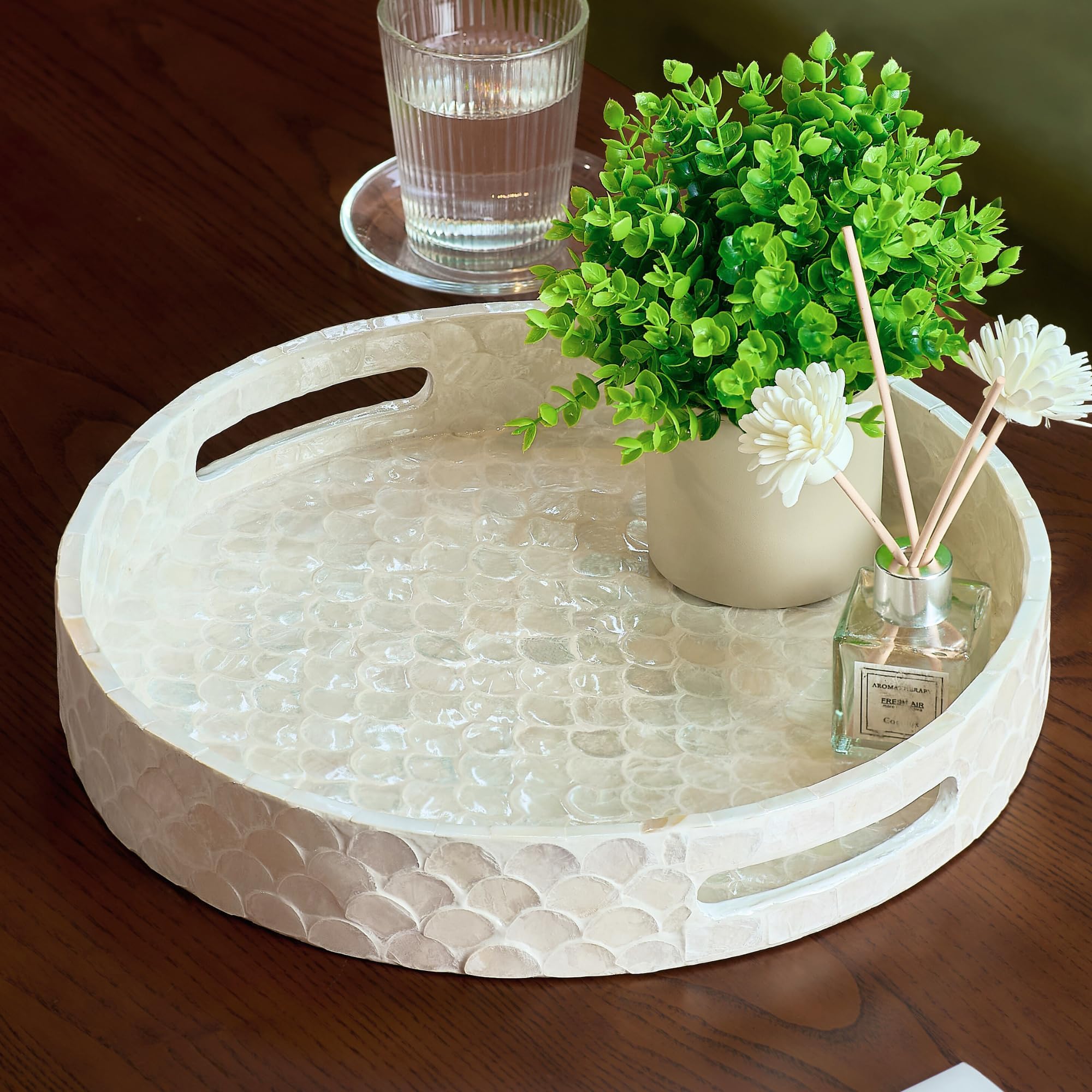 Capiz Round Decorative Tray with Handles for Coffee Table, Vanity, or Ottoman, Elegant Mother of Pearl Serving Tray for Home Decor, Modern Coastal Boho Style, White (Round)