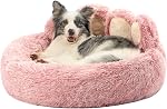 Jiupety Paw Shape Calming Pet Bed, Plush Faux Fur Donut Bed for Dogs & Cats, Machine Washable, Non-Slip Bottom, Medium (22"×22"×6"), Gray