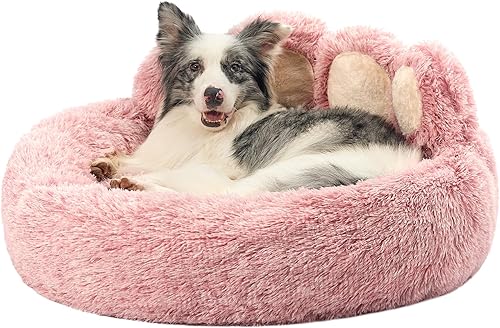 Jiupety Cama calmante para mascotas en forma de pata, cama mediana de felpa sintética en forma de dona para perros y gatos, lavable a máquina, parte