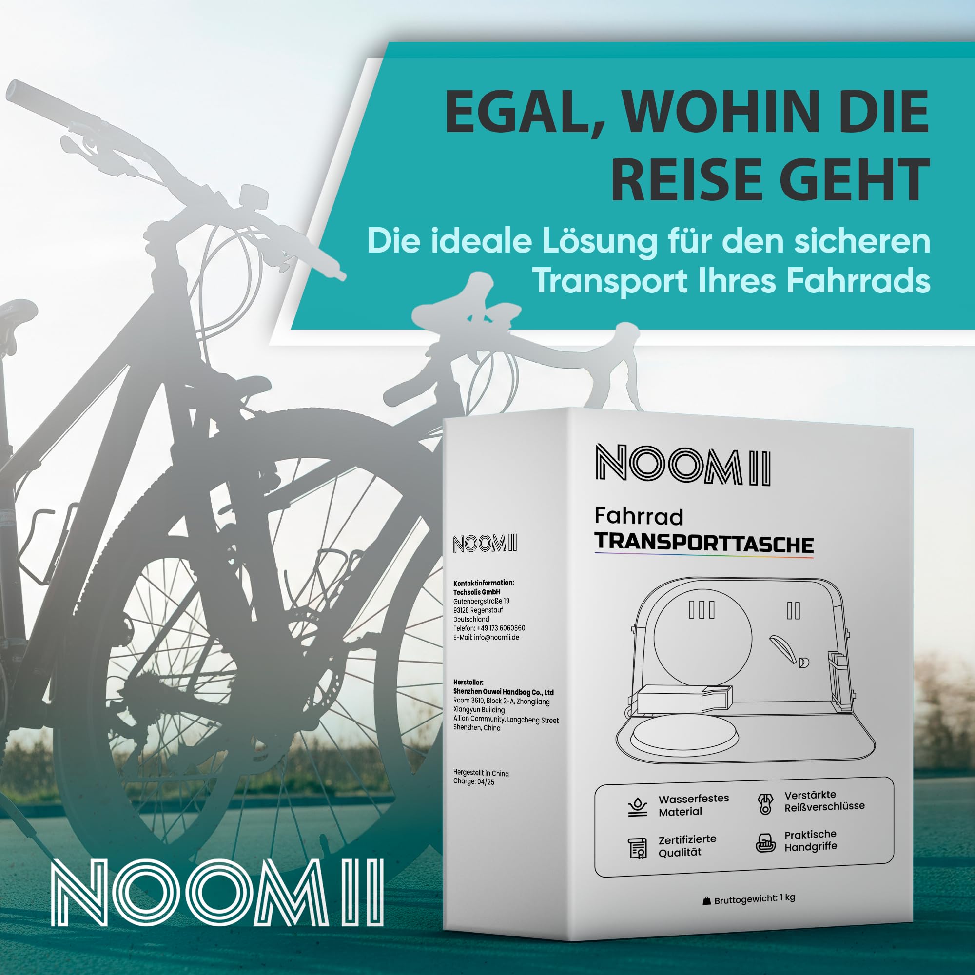 NooMii Fahrrad Transporttasche 128 x 78 x 25 cm | Wasserdichter Fahrradkoffer mit verstärkten Reißverschlüssen | Fahrradtasche-Rucksack mit Handgriff & Rollen | Für verschiedene Fahrradgrößen