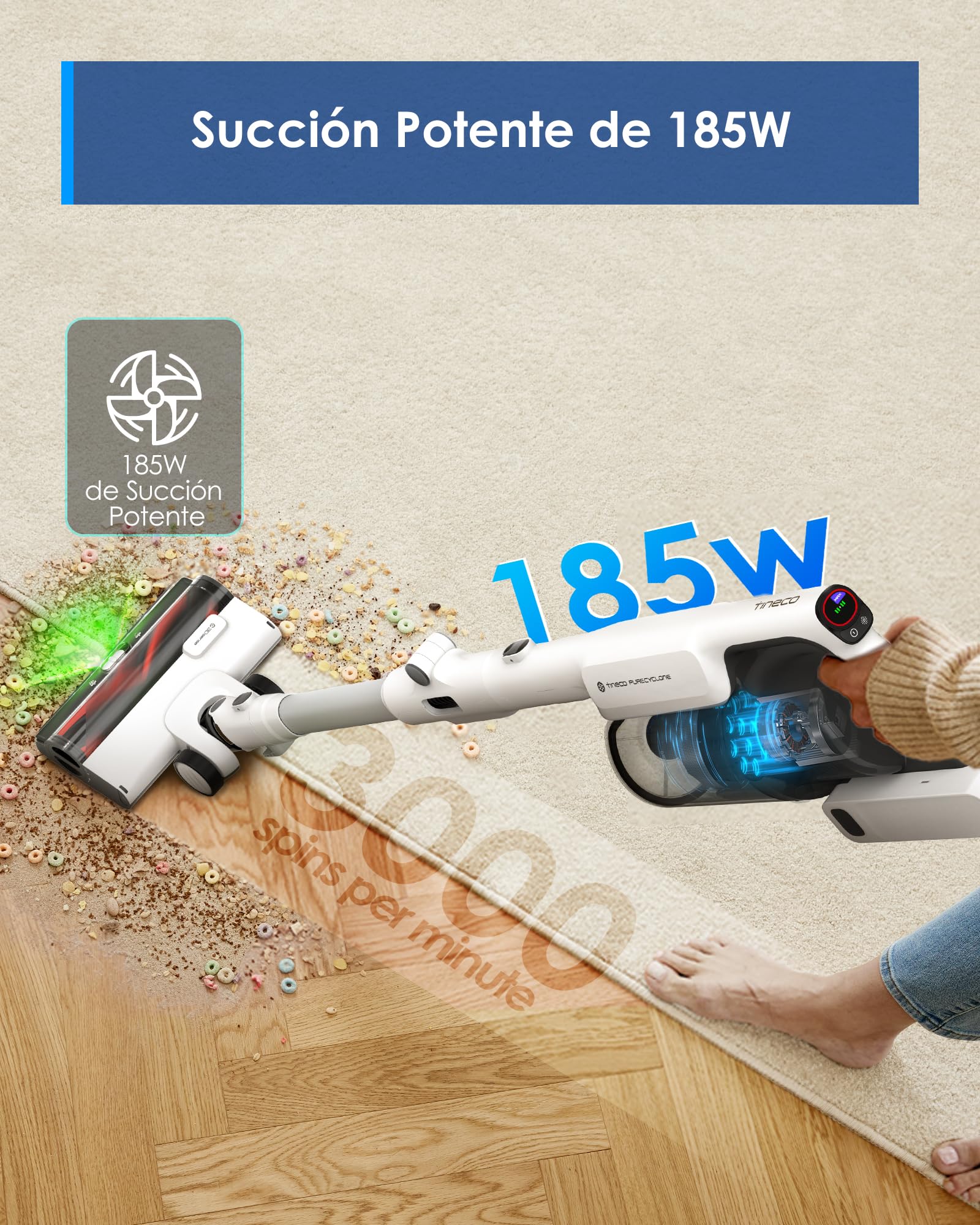 Tineco Pure One A50S Plus Aspiradora de Mano Sin Cable, 185W de Succión | Hasta 70Min de Autonomía, Contenedor de Basura Más Grande de 1L, Cepillo 3DSense, ZeroTangle