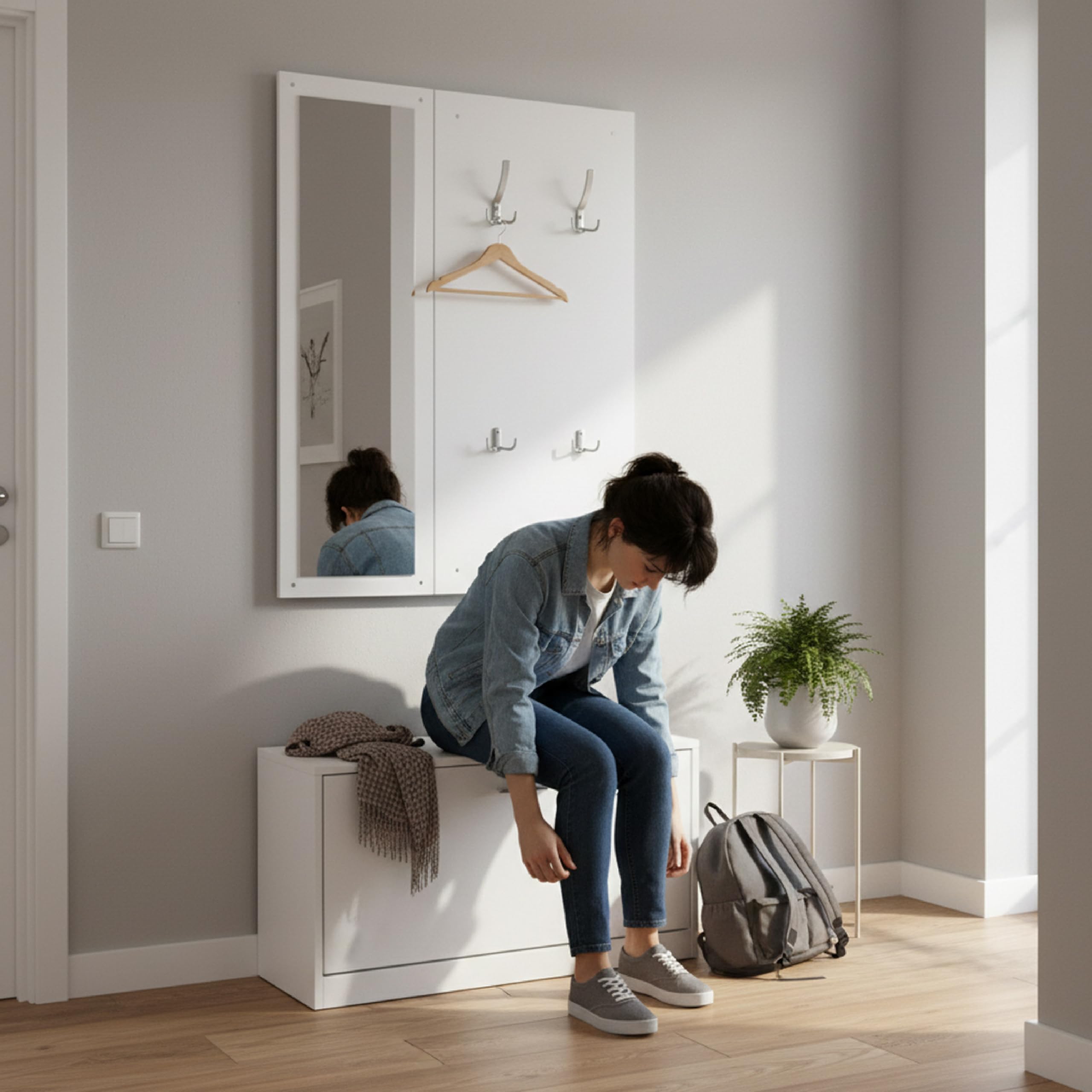Baroni Home Mobile Bianco Ingresso 3 Pezzi con Scarpiera, Appendiabiti a Muro 4 Ganci e Specchio, Panca Porta Scarpe, Set Modulare Salvaspazio, 27x80x147cm