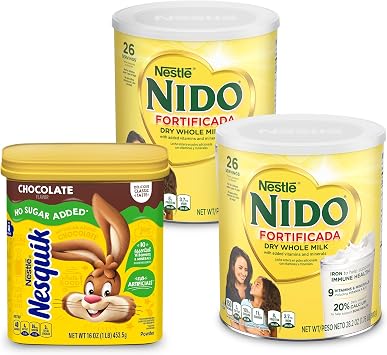 Bundle of 2 Nido Fortificada Dry Whole Milk 1.76 Pound + 1 NESTLE NESQUIK No Sugar Added Chocolate Flavored Powder 16 oz. Canister