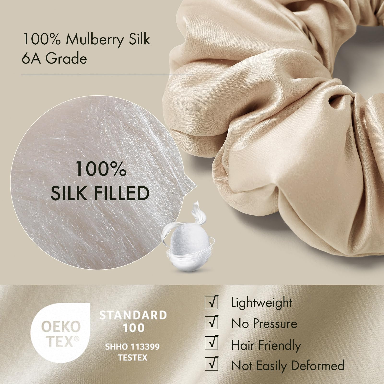LILYSILK Women's 100% Mulberry Silk Big Hair Scrunchies Ladies Pure Silk Filled Giant XL Ponytail Holder Oversized Elastic Hair Tie Band Large Jumbo Hair Bobble for Breakage Prevention(Gravel Gold) - Image 3