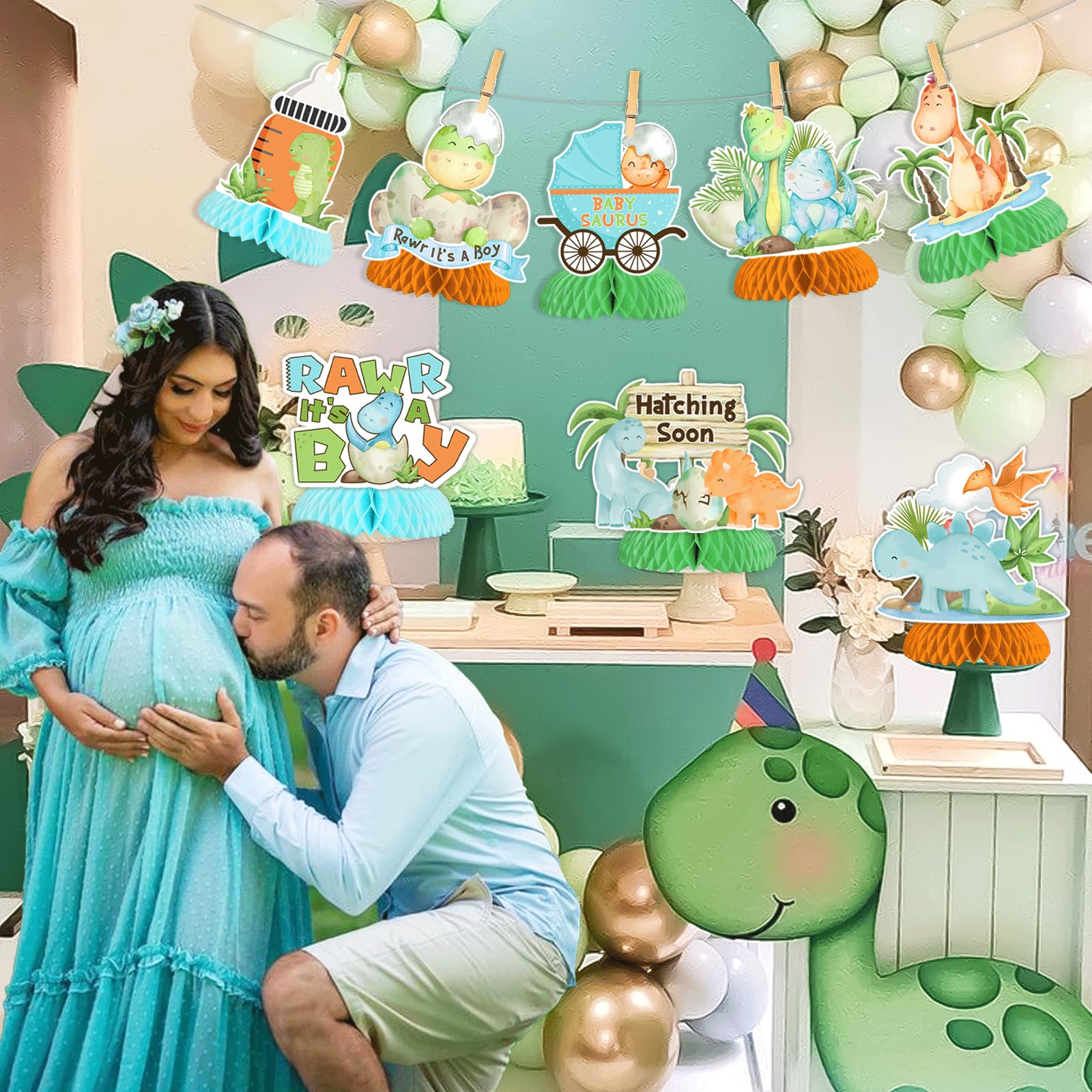 JOYMEMO 8 Pieces Dinosaur Baby Shower Honeycomb Centerpieces for Boys Hatching Soon Baby Shower Table Decorations - Image 2