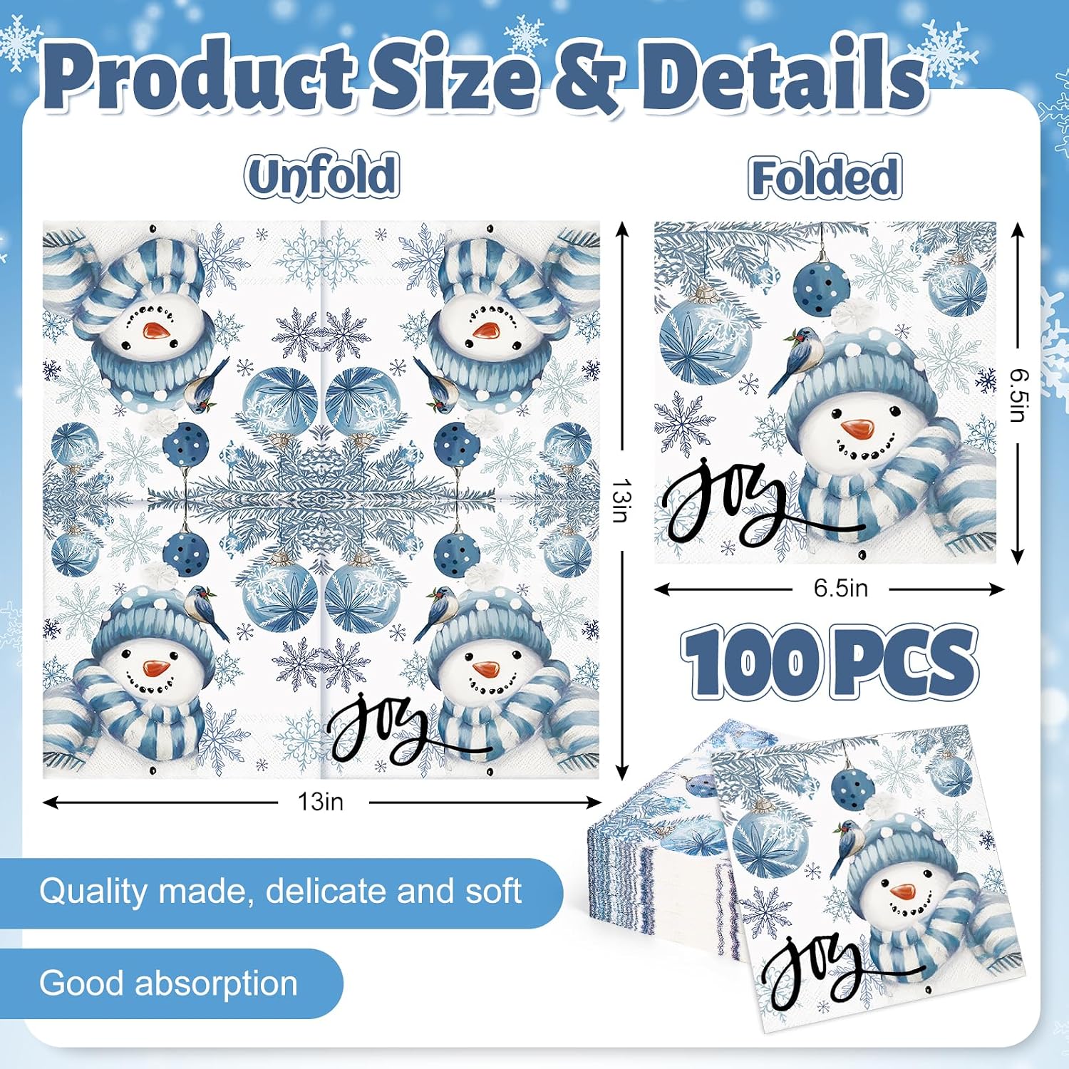 JarThenaAMCS 100Pcs Christmas Paper Napkin Blue Snowman Xmas Ball Luncheon Napkins Dinner Hand Napkins for Winter Home Party Supplies Table Decor image 2