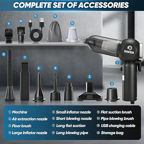 Miniatura 9 de Saker Aspiradora portátil inalámbrica para automóvil, 20000Pa, 6 en 1, multifuncional, ajustable, pequeña aspiradora de mano 7800 mAH con motor sin