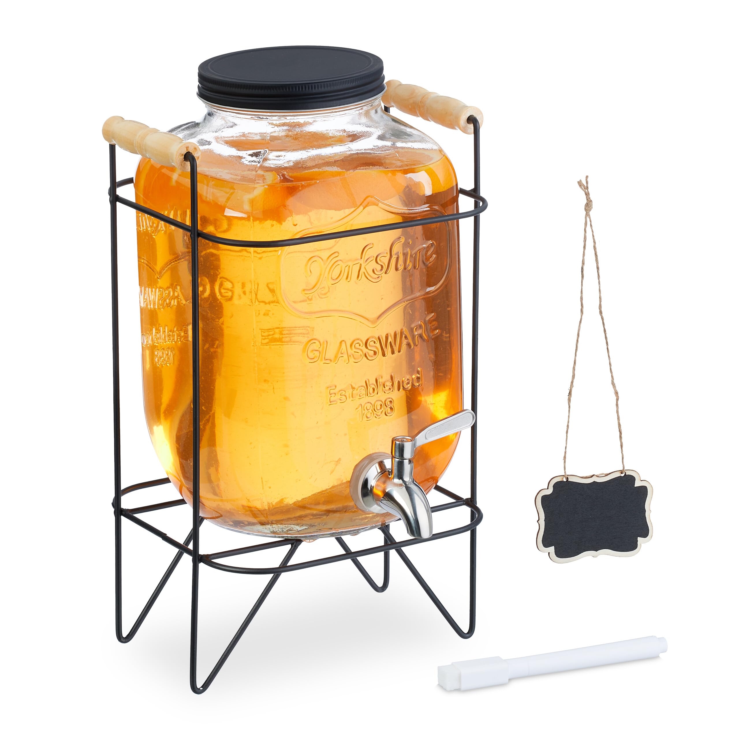 Relaxdays Dispensador Bebidas con Soporte, Recipiente Limonada 5 L, Grifo Acero Inoxidable y Tapa, Cristal, Transparente