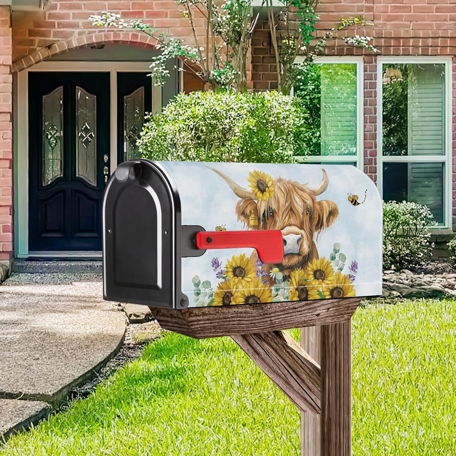 Sunflower Highland Cow Mailbox Cover Magnetic Standard Size 21x18 Inch Spring Summer Seasonal Decorative Post Letter Box Wrap Decor Garden Yard Decoration