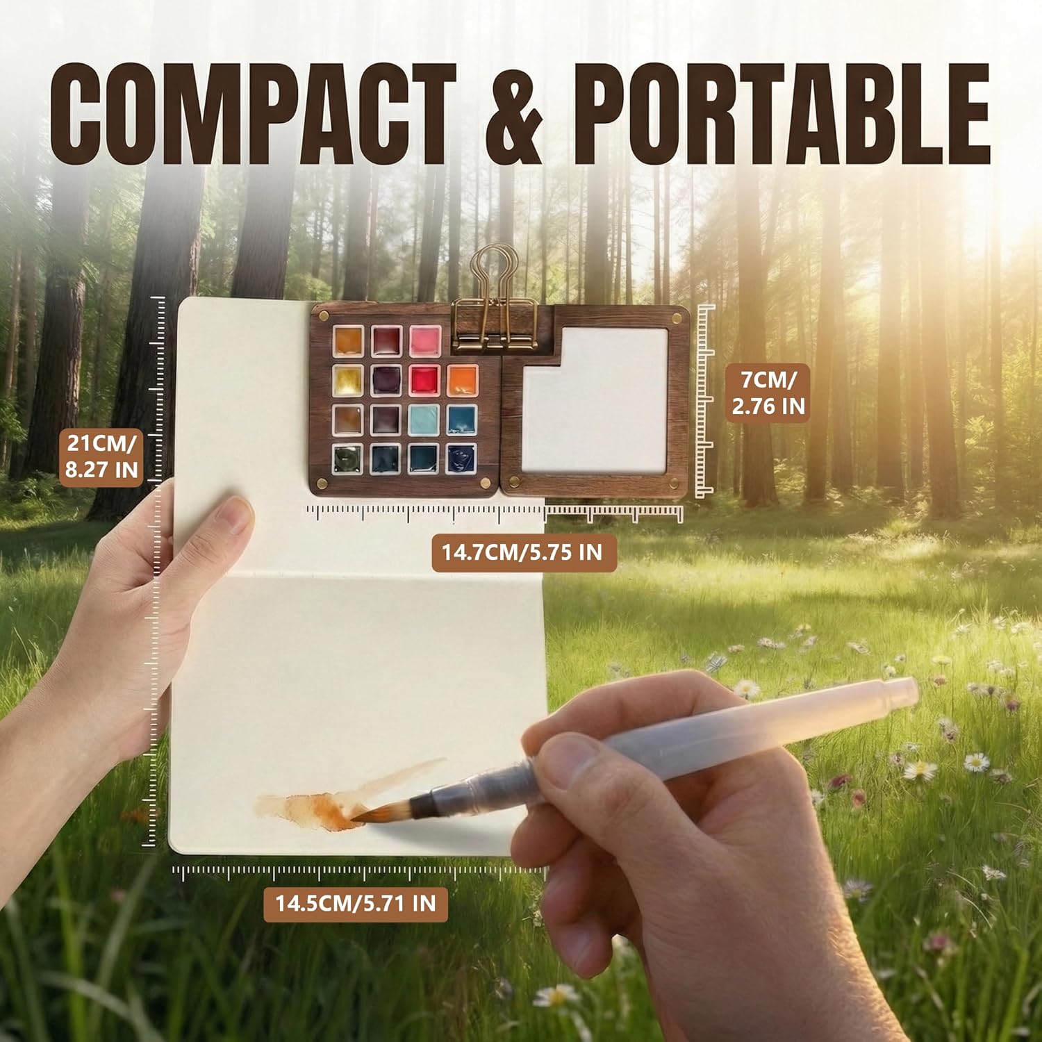 Mini Black Walnut Watercolor Travel Set: Portable Modular Kit with 24 Pro Colors, Canvas Tool Bag, 300gsm Sketchbook, Collapsible Cup & Brass Clip - Luxury Gift for Urban Sketching & Plein Air