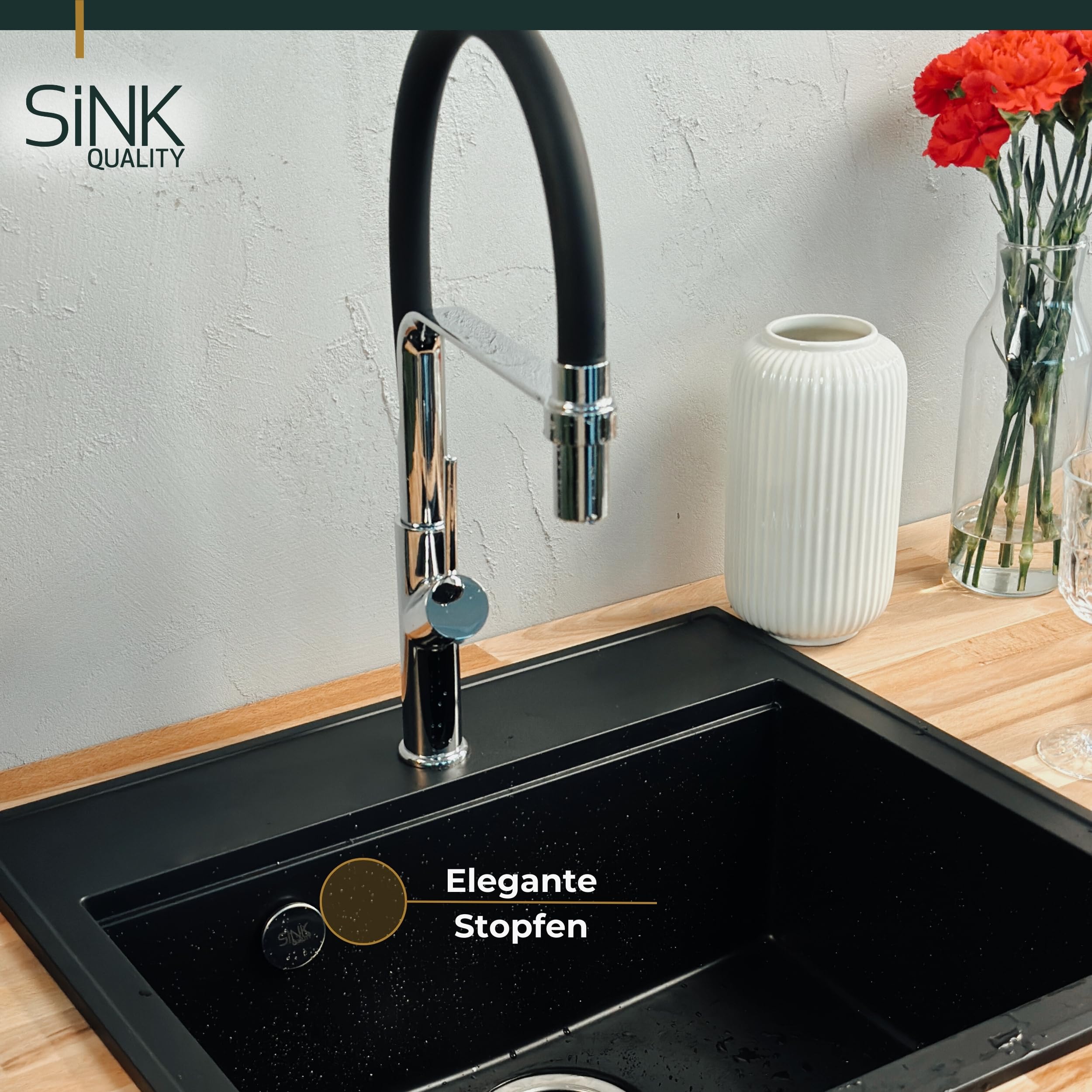 SINK QUALITY zlewozmywak granitowy biały 56 x 51 cm – zlewozmywak granitowy ze złotym syfonem i impregnacją – zlewozmywak do szafek od 60 cm szerokości – pojedynczy zlew do zabudowy – umywalka do
