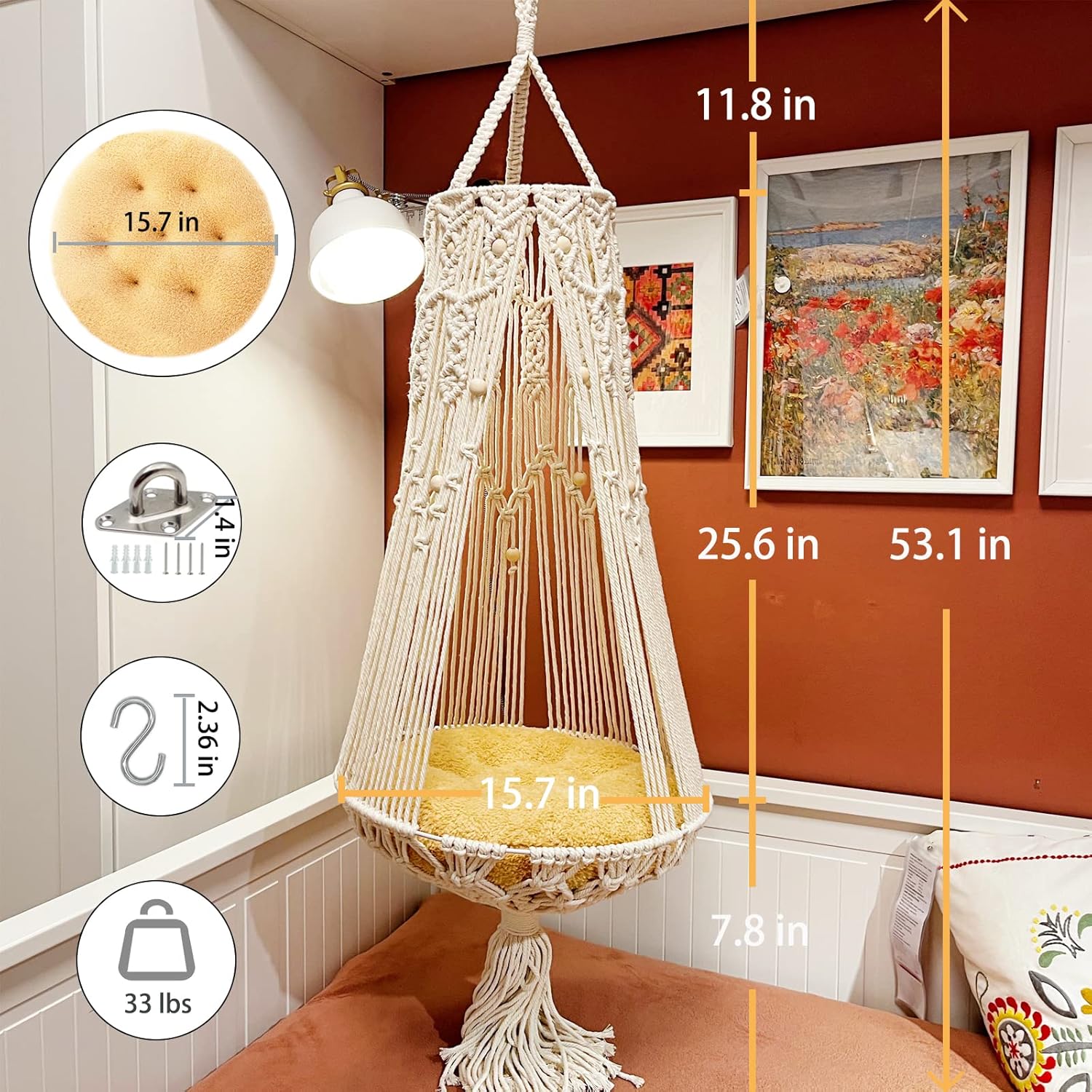 review Hanging Cat Bed - Macrame Cat Hammock for Indoor Outdoor Home Decor, Boho Cat Swing Cat Wall Furniture for Sleeping, Playing and Lounging