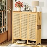 unho Bamboo Shoe Storage Cabinet: Wooden Shoes Rack Organiser with 3 Rattan Doors for Hallway Entryway 5 Tier - 5