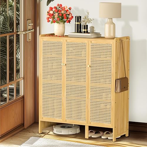 unho Bamboo Shoe Storage Cabinet: Wooden Shoes Rack Organiser with 3 Rattan Doors for Hallway Entryway 5 Tier - 5