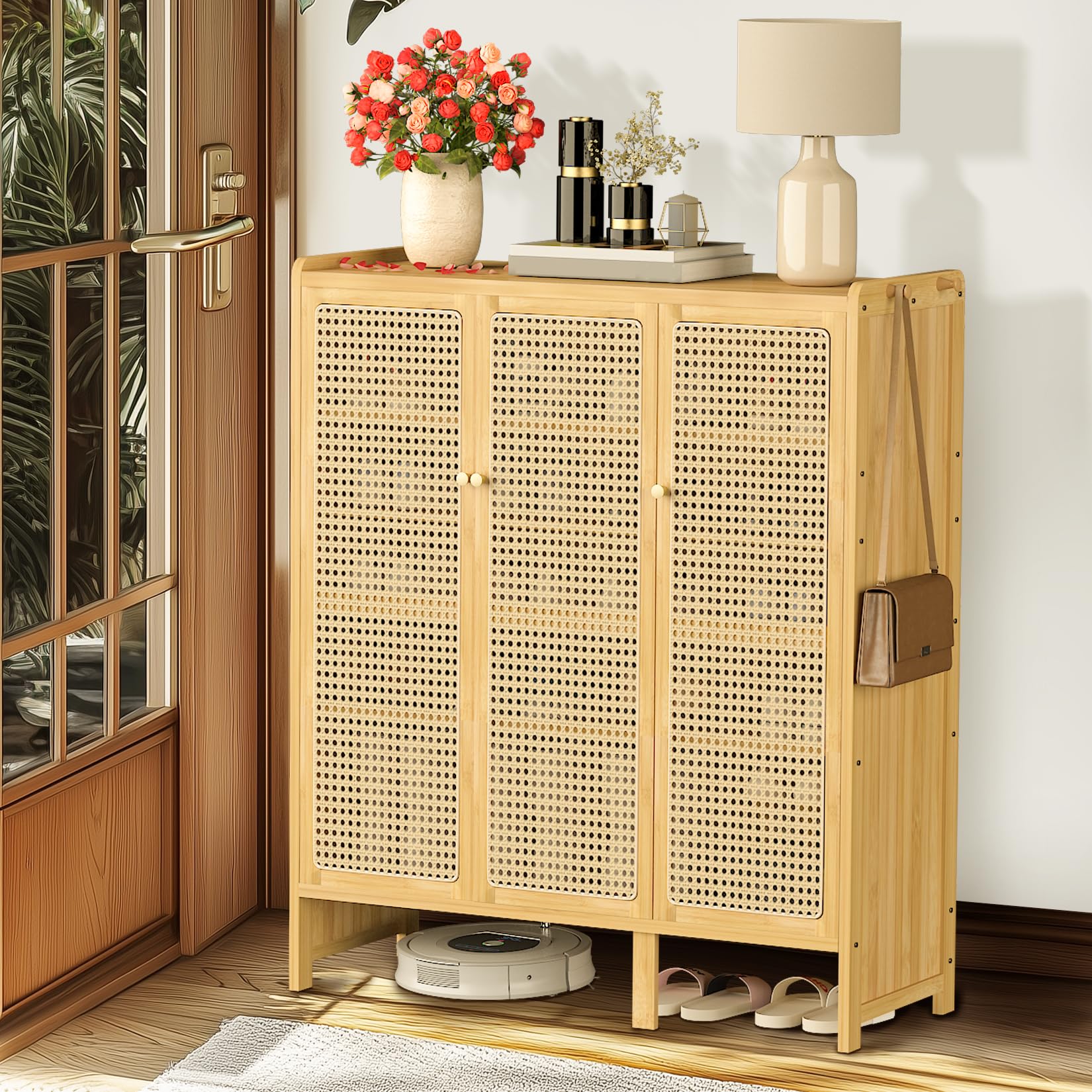 unho Armadietto Portascarpe a 5 Ripiani in Bambù: Scarpiera Legno con Ante 4 Ganci Scarpiera Ingresso Corridoio Grande Capacità Design Moderno, 90,5x35x107 cm
